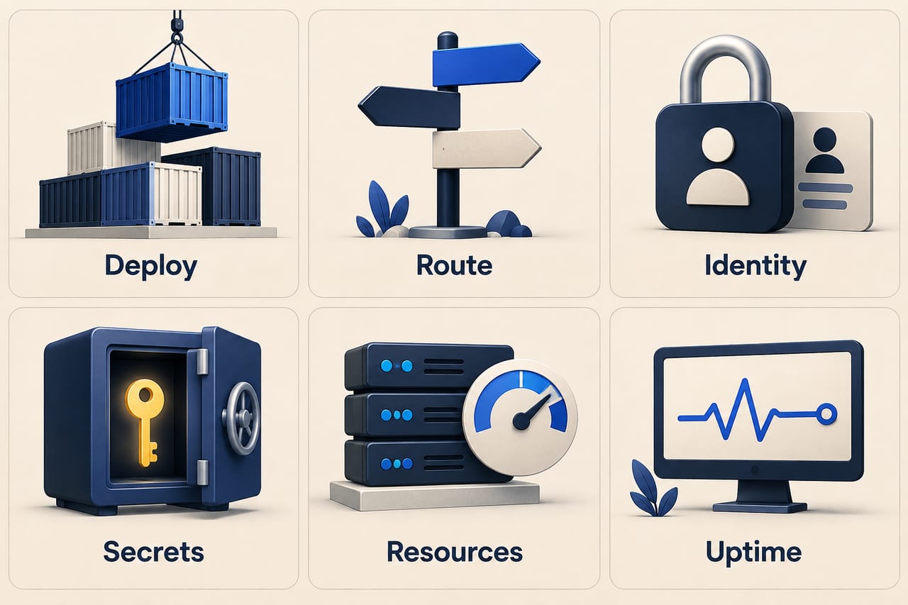 Six distinct roles in an illustrative self-hosted application stack