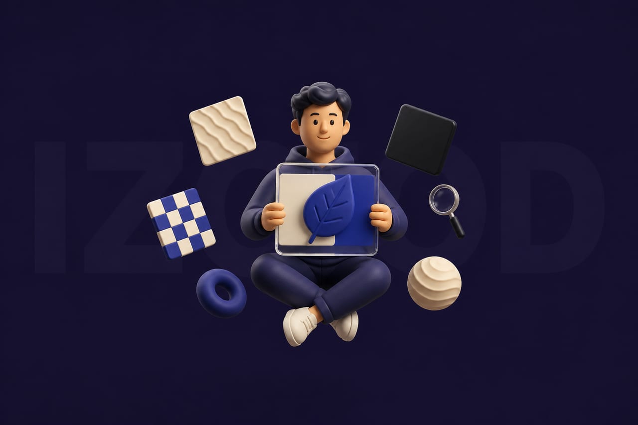 A floating vinyl figure holds a transparent panel with a blue cutout above pale and dark background tiles