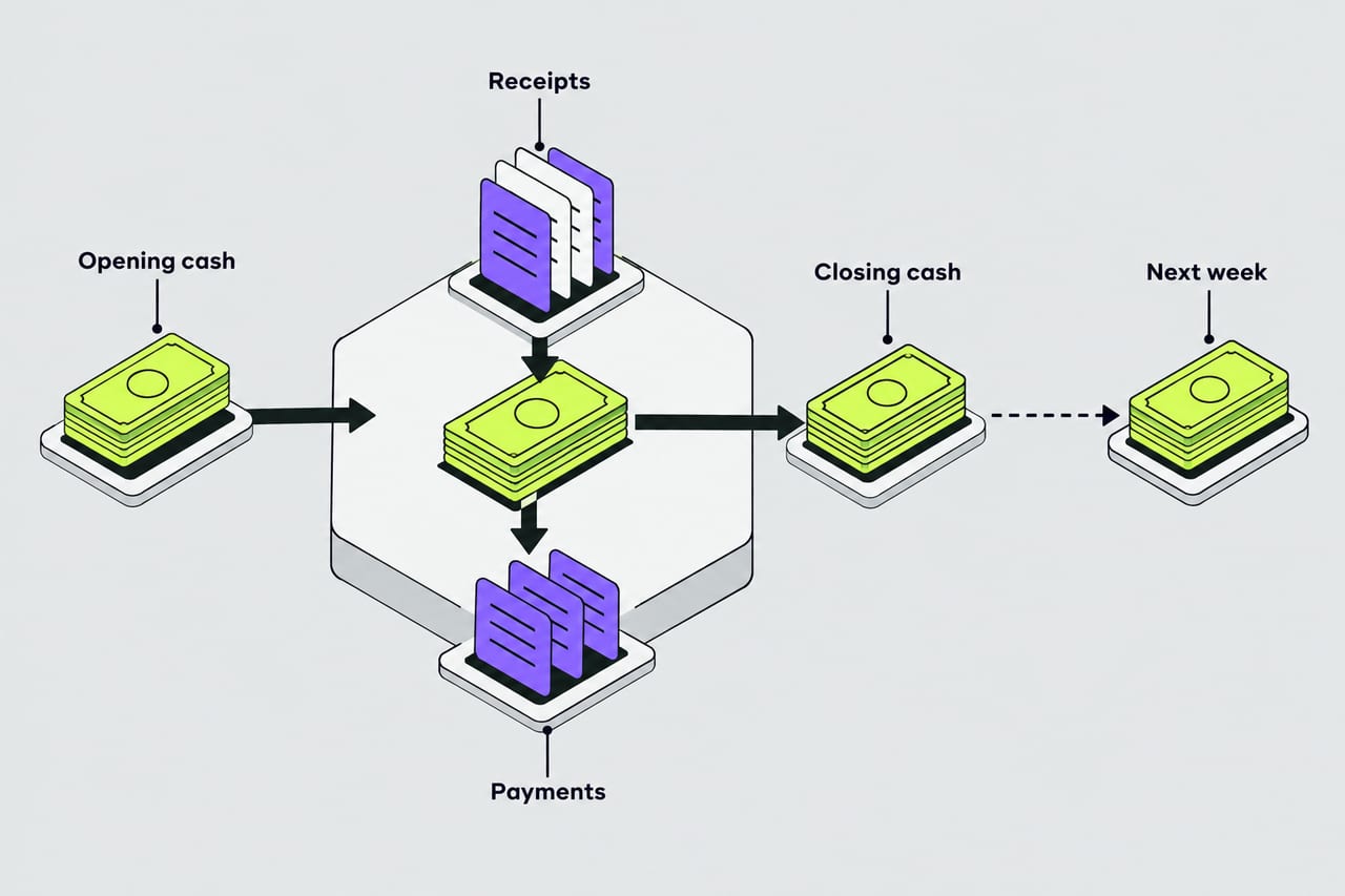 Opening cash plus receipts minus payments becomes closing cash and rolls into the next week