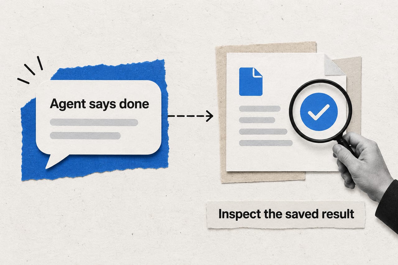An agent completion message is compared with an independently checked saved record