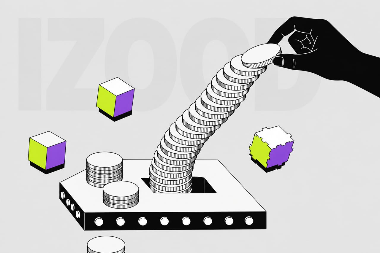 A low plinth lies flat in true dimetric projection at the centre of the frame,
and out of a slot in its top a long coil of blank cylindrical discs erupts.