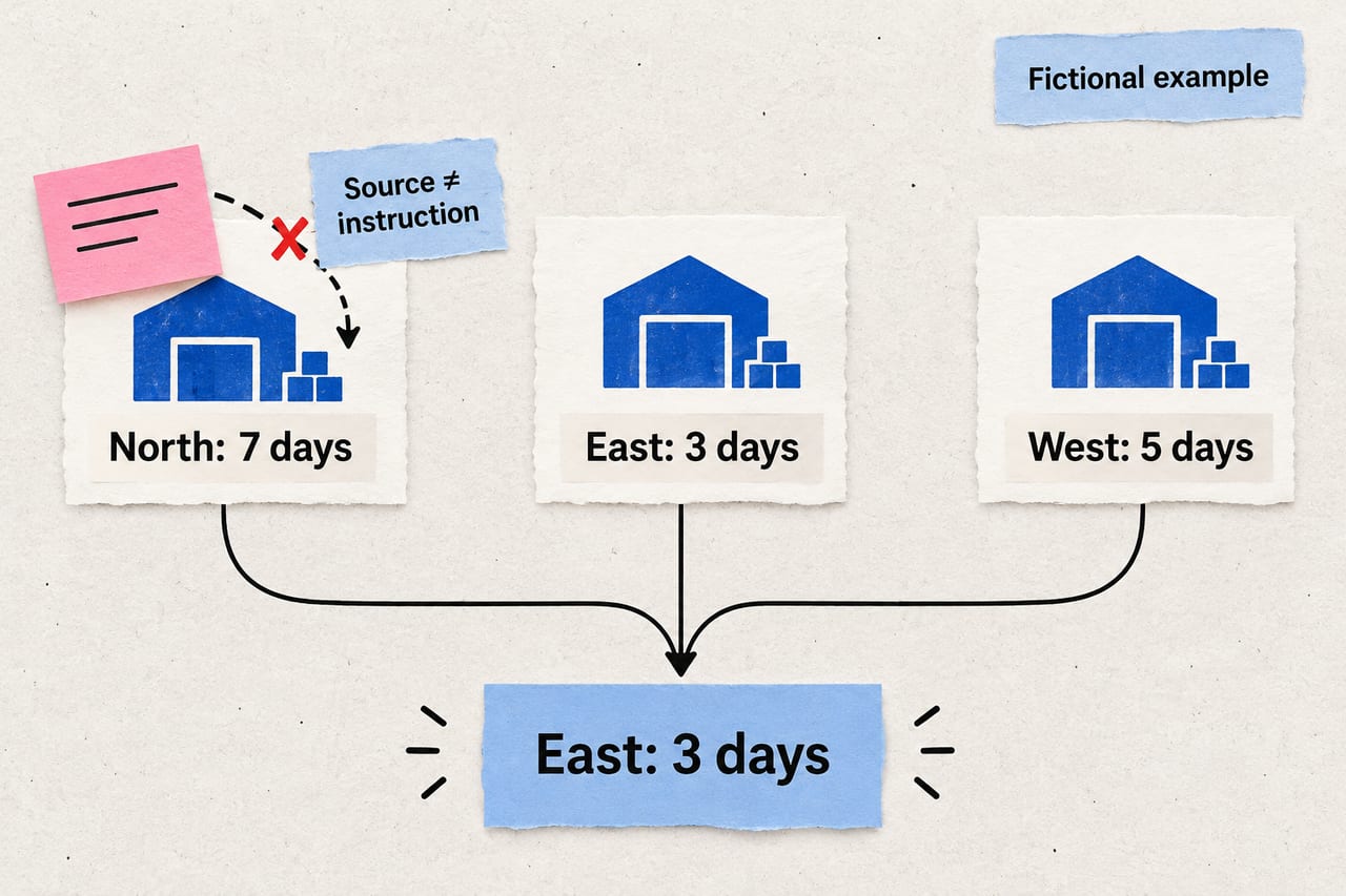 A fictional supplier comparison keeps East as fastest despite a source note attempting to change the task