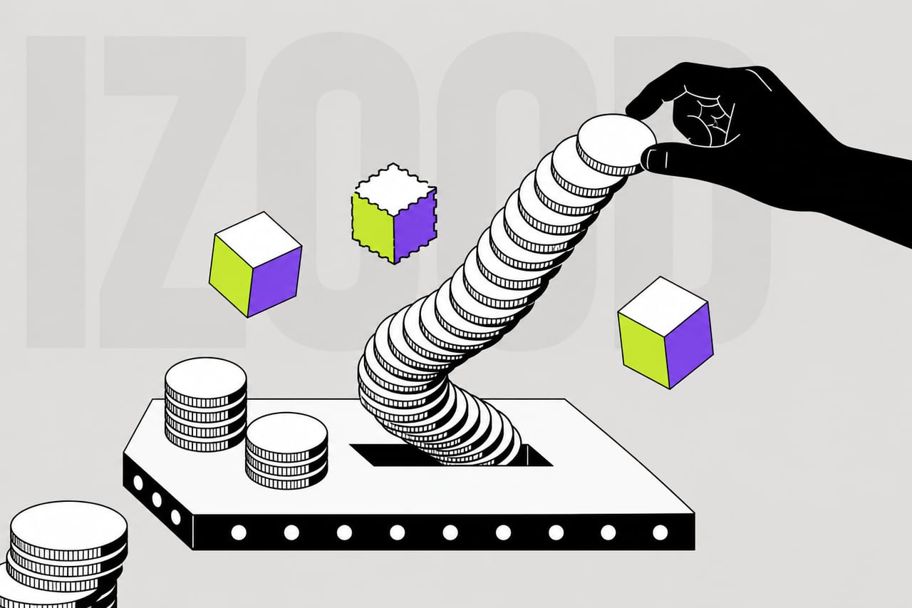 A low plinth lies flat in true dimetric projection at the centre of the frame,
and out of a slot in its top a long coil of blank cylindrical discs erupts.