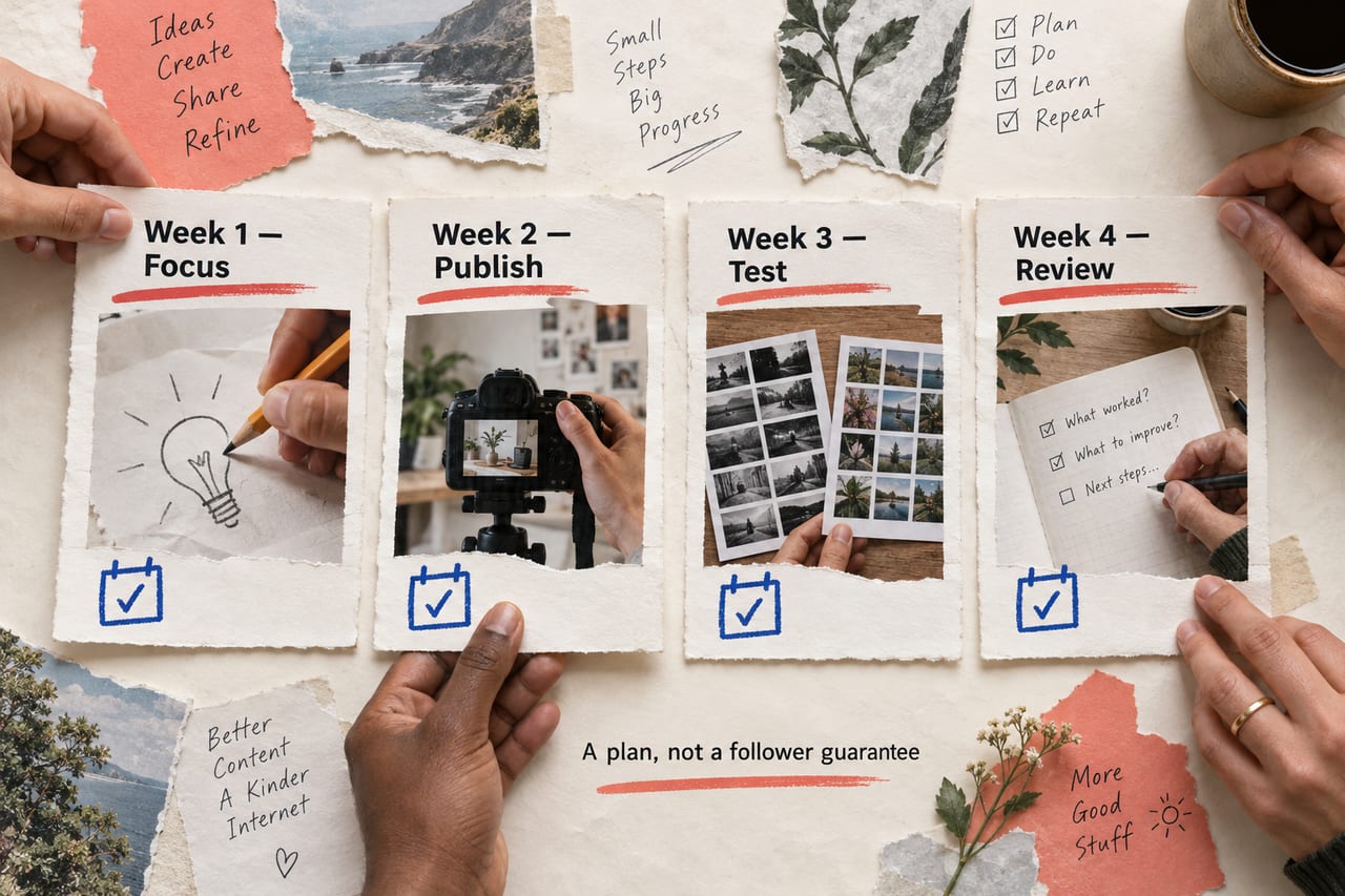 Four photographic planning cards show focus, publishing, testing and review over one month