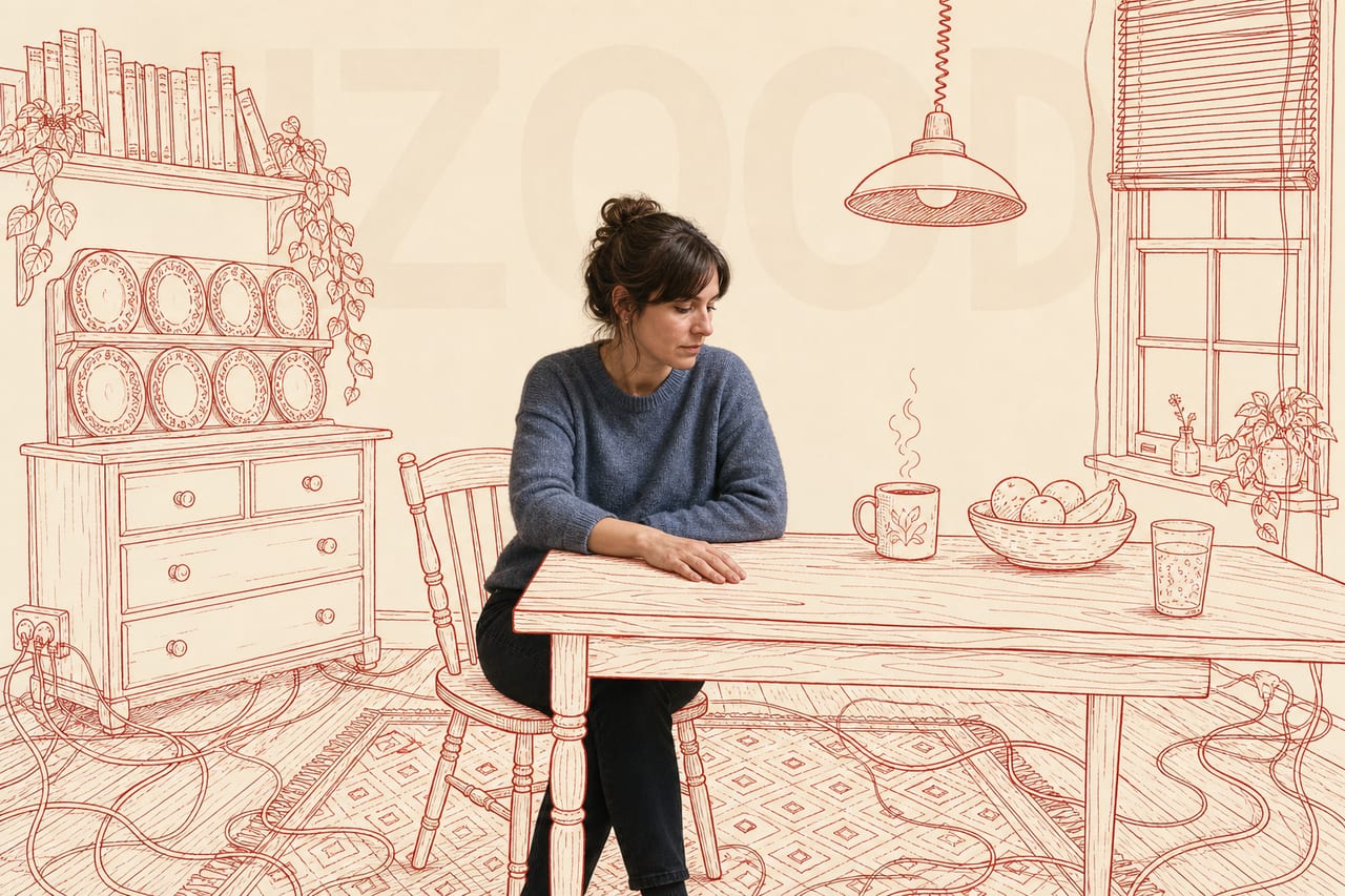 A full-colour photograph of a woman in her thirties sits at the centre of the
frame at a small table, in an ordinary jumper.