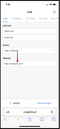  Website field in the link settings