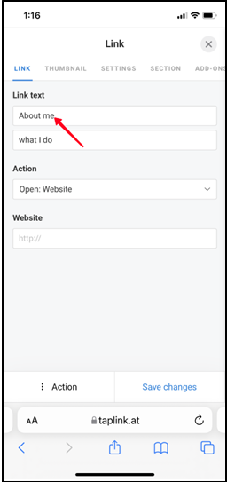 Text field in the link settings