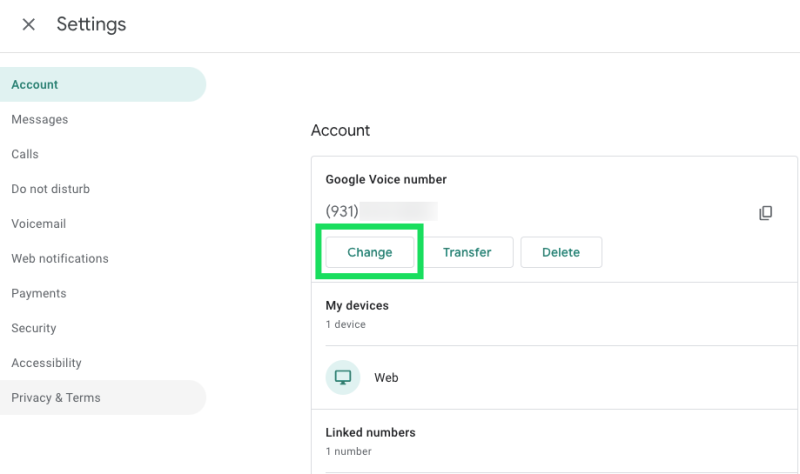 how to change google voice number