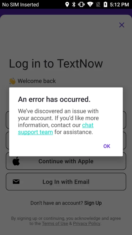 TextNow an Error Has Occurred