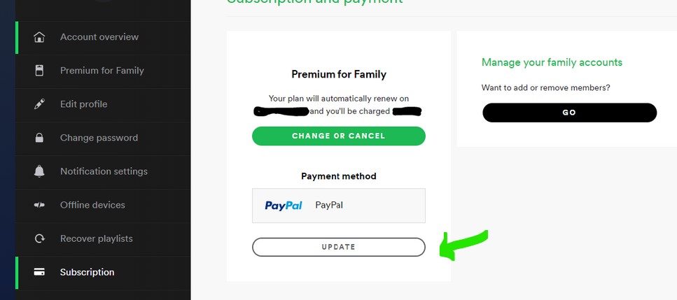 update Spotify payment